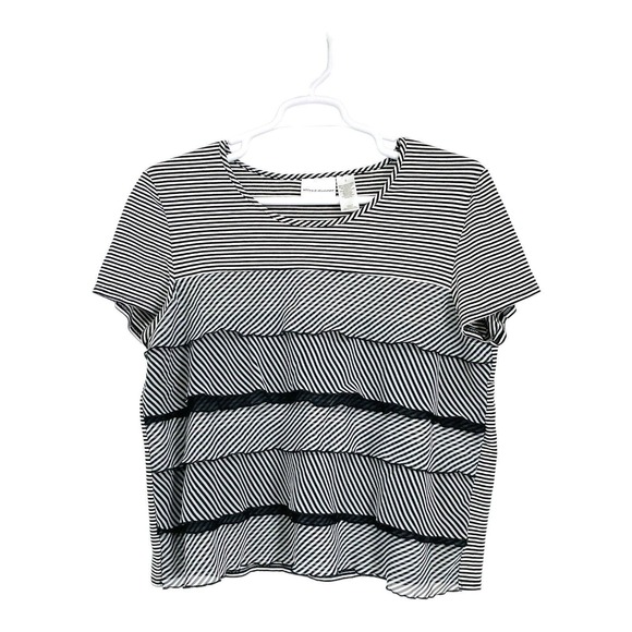 Alfred Dunner Womens B-W Shirt Striped Short Sleeve Stretch Scoop Neck Ruffled L - Picture 1 of 7